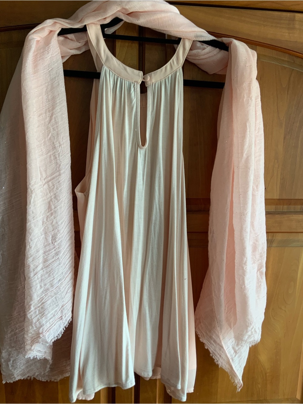 Sunday in Brooklyn, XL, Pale Peachy Chiffon front, Cotton back w/scarf. - Picture 7 of 9